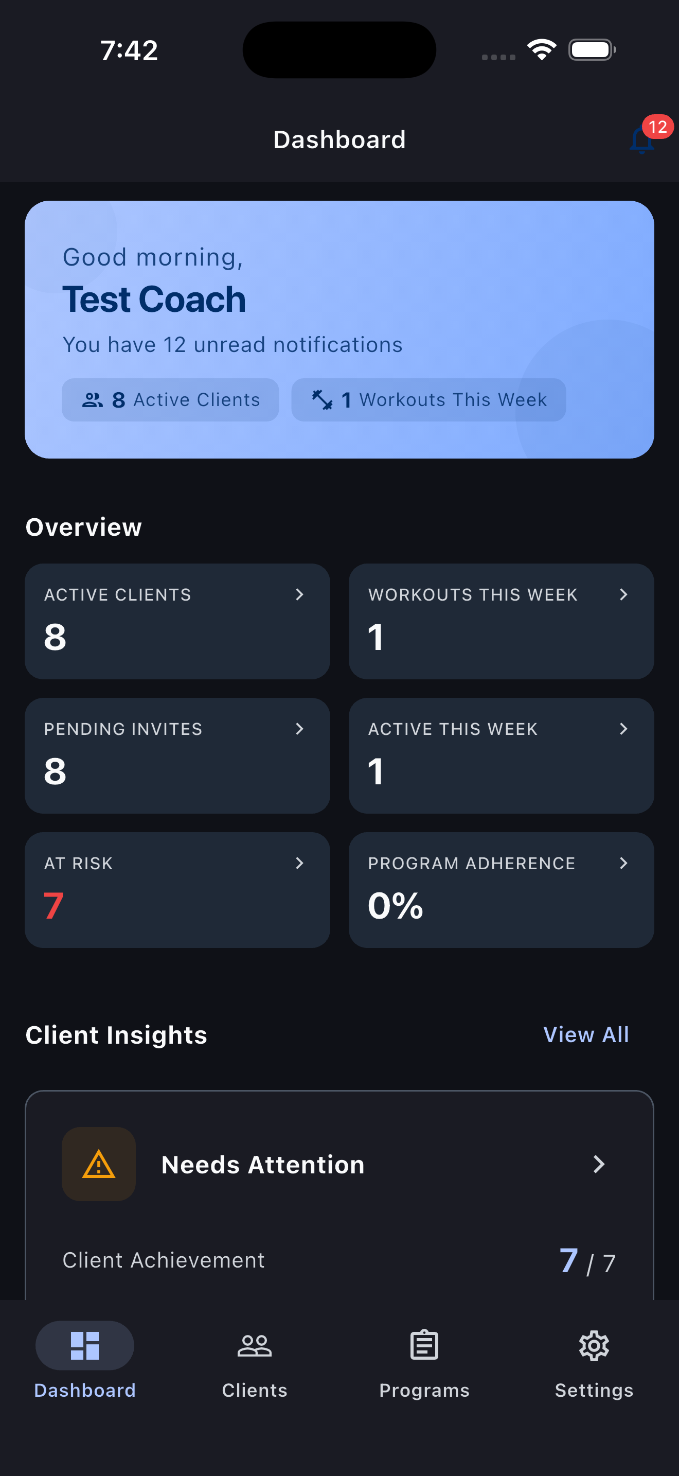 Coach dashboard overview with stats