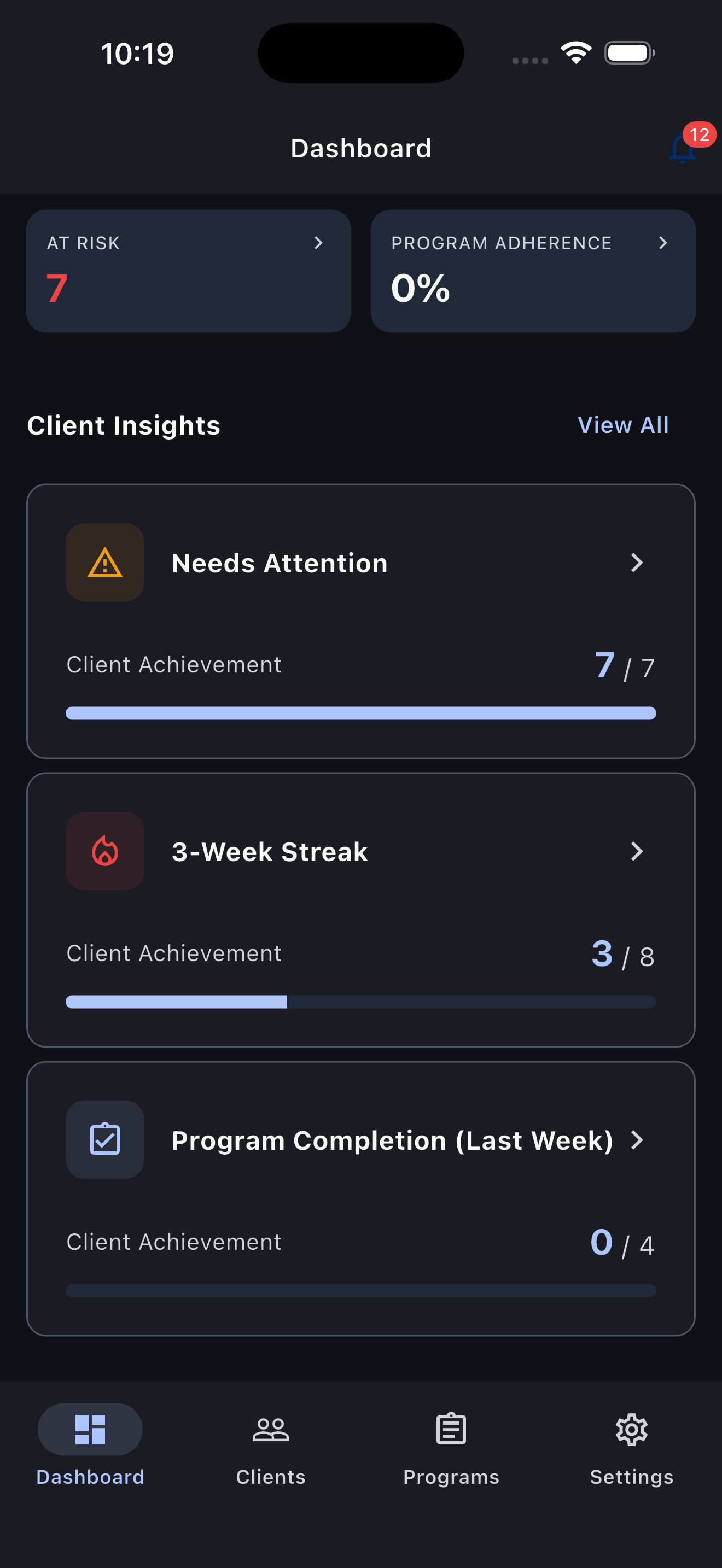 Coach dashboard with client insights and at-risk tracking