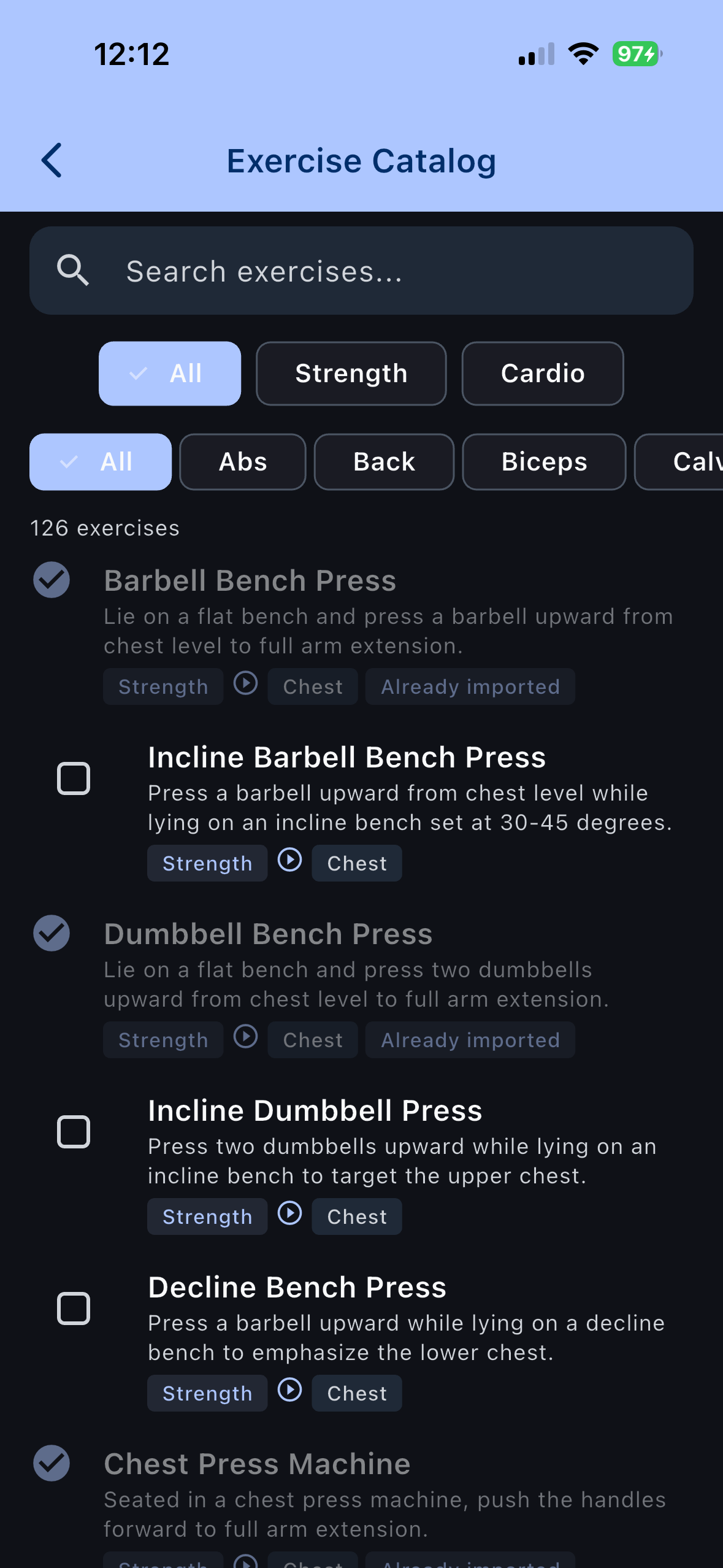 Exercise catalog with filters