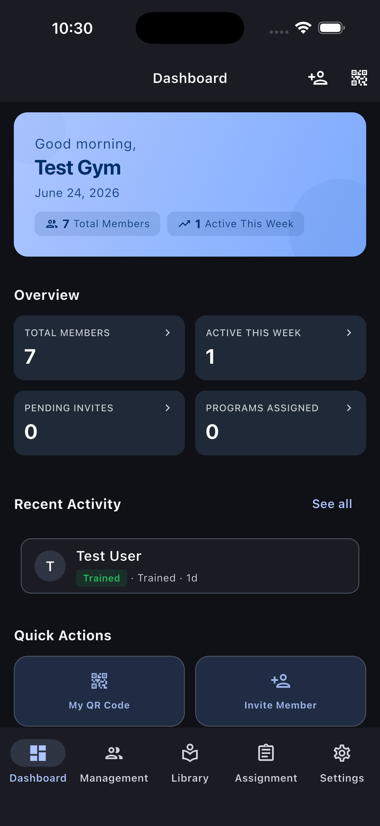 Gym dashboard with QR code and member invites